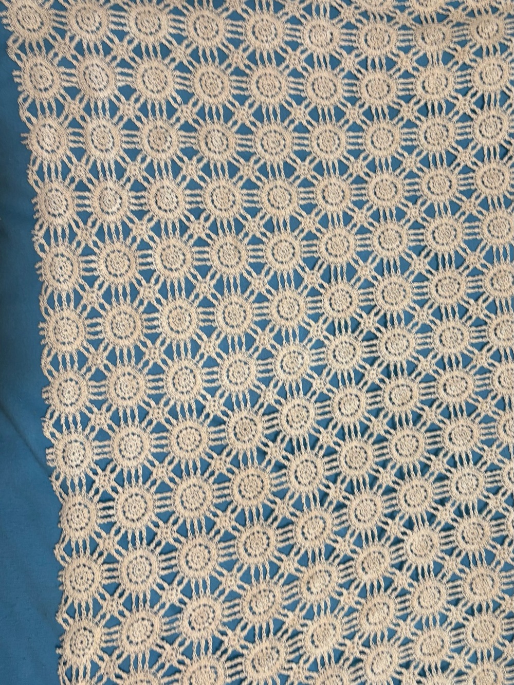 Cream Crochet Throw Blanket on Blue - Home Bedding
